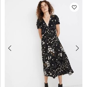 Puff-Sleeve Wrap-Front Midi Dress in Polka Daisies